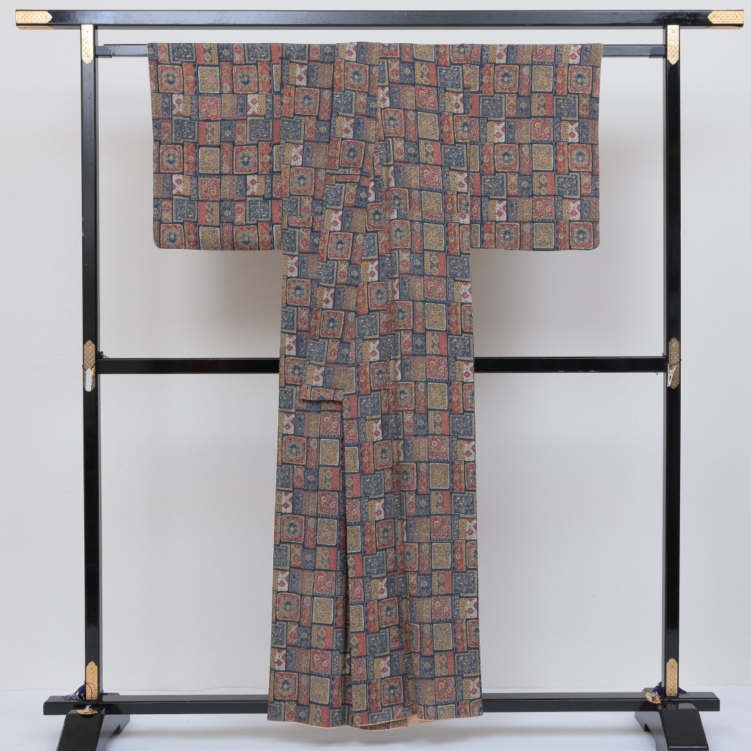 小紋 袷 身丈155cm 裄丈63cm 正絹 Sランク インフォーマル 広衿 Mサイズ 更紗 多色系 RP 1221-00117