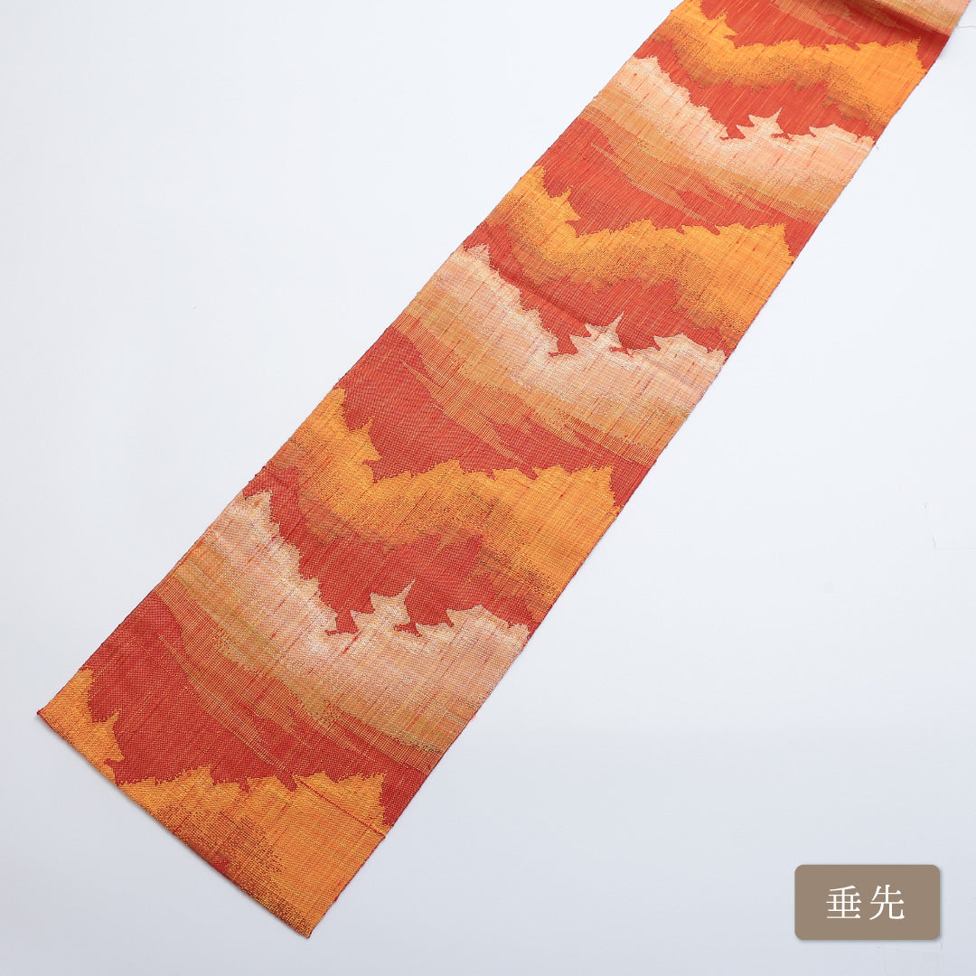 八寸名古屋帯 Sランク 帯丈377cm 正絹 六通 松葉仕立て 織り カジュアル 紬 京洛百景 朱系 LP 1245-00206