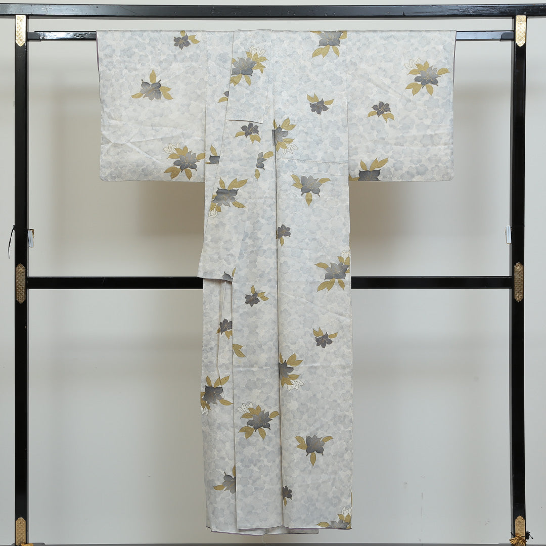 小紋 袷 身丈145cm 裄丈63cm 正絹 Cランク インフォーマル 広衿 XSサイズ 花柄 白系 LP 1221-00804