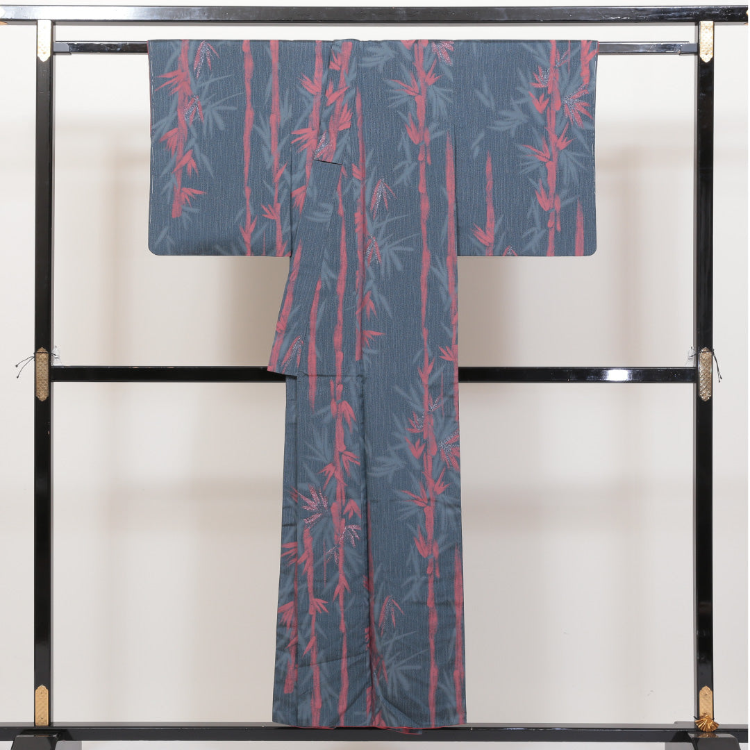 洗える着物 小紋 袷 身丈149cm 裄丈63cm ポリエステル Sランク インフォーマル バチ衿 XSサイズ 漆糸 竹 笹 青系 RP 1221-00377