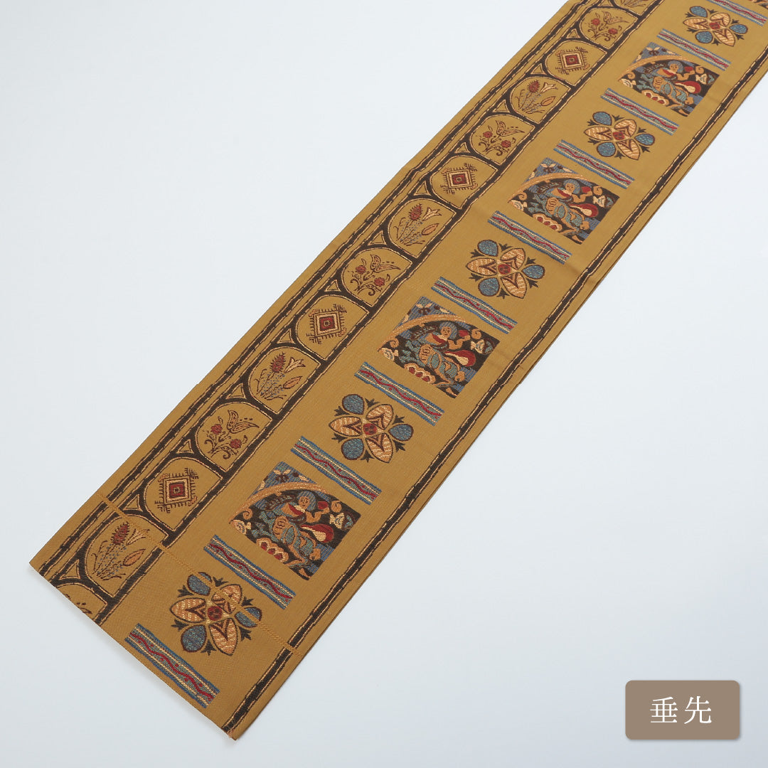 袋帯 帯丈432cm 六通 オリエンタル カジュアル 茶系 正絹 Sランク 1223-00411