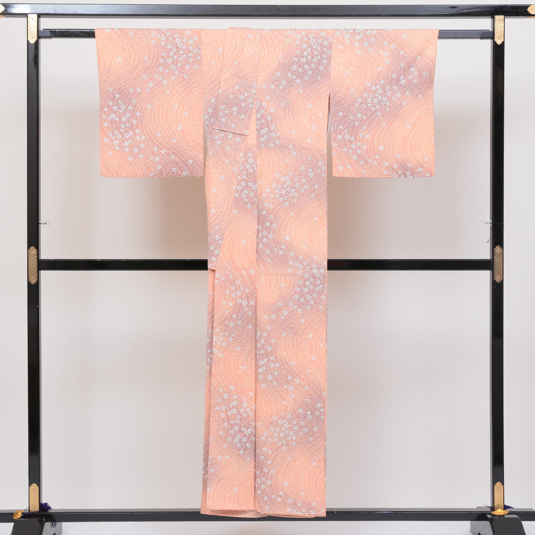 小紋 袷 身丈150cm 裄丈64cm 正絹 Sランク インフォーマル 広衿 Sサイズ ぼかし染 花柄 朱系 RP 1221-00255