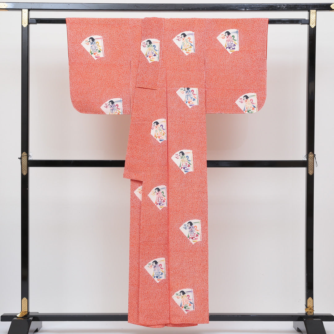 小紋 袷 身丈154cm 裄丈63cm 正絹 Sランク インフォーマル 広衿 Sサイズ 人物 朱系 RP 1221-00110