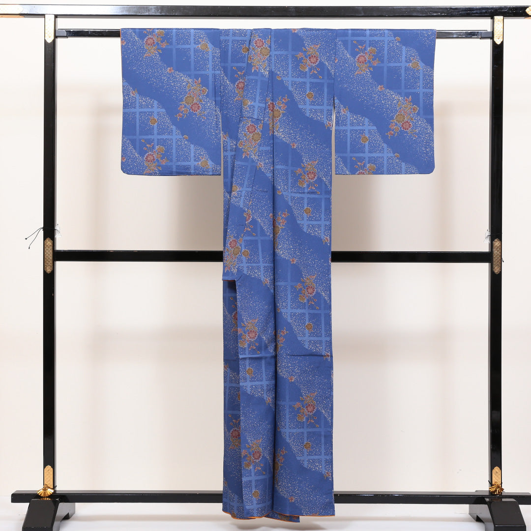 洗える着物 小紋 袷 身丈156cm 裄丈64cm ポリエステル Sランク インフォーマル バチ衿 Mサイズ 格子 桜 青系 RP 1221-00394