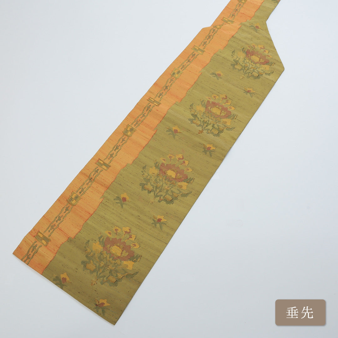 九寸名古屋帯 Bランク 帯丈350cm 正絹 六通 名古屋仕立て 織り カジュアル 紬 唐草華文 黄系 RP 1245-00338