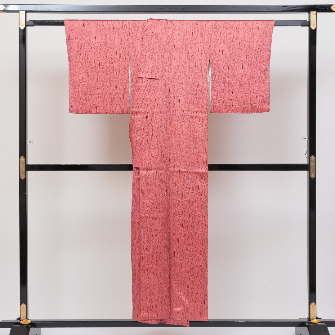 小紋 袷 身丈149cm 裄丈63cm 正絹 Sランク インフォーマル 広衿 XSサイズ 木目 ピンク系 RP 1221-00236