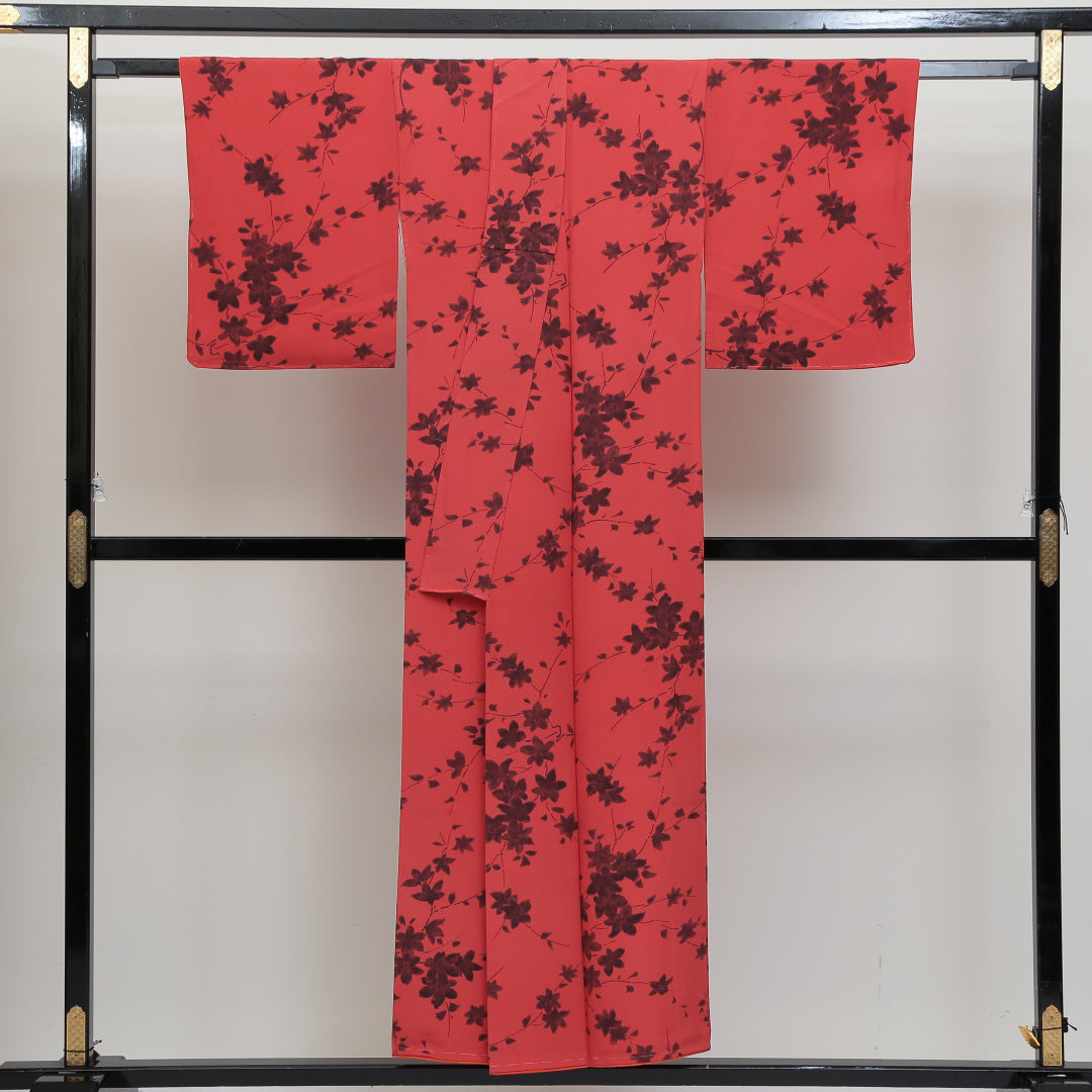 小紋 袷 身丈149cm 裄丈63cm 正絹 Aランク インフォーマル 広衿 XSサイズ 花柄 朱系 RP 1221-00654