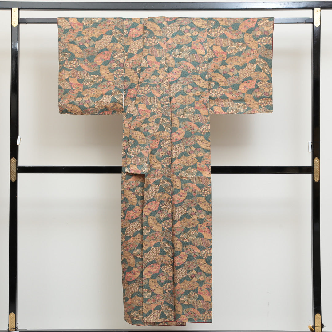小紋 袷 身丈147cm 裄丈62cm 正絹 Sランク インフォーマル 広衿 XSサイズ 扇 吉祥文様 緑系 RP 1221-00708