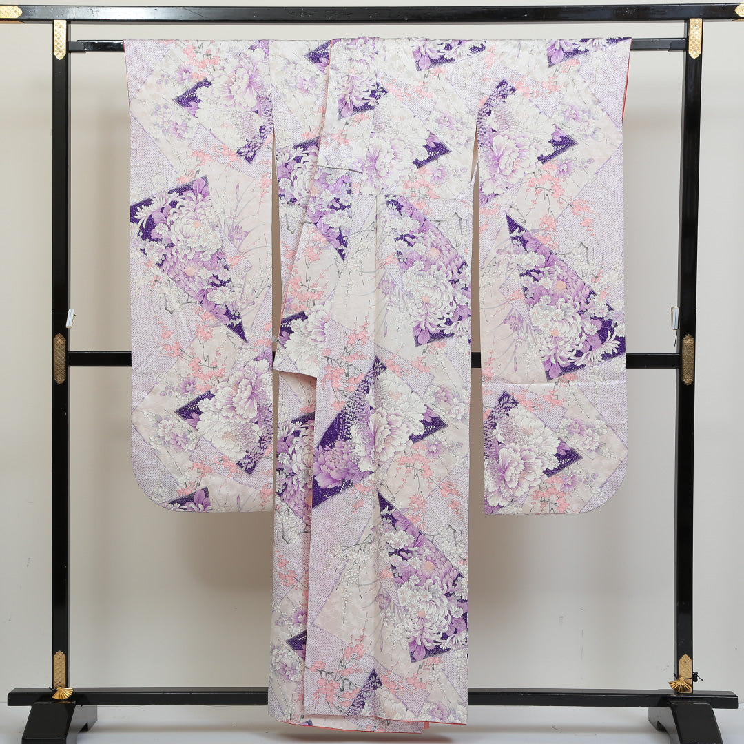 振袖 身丈157cm 裄丈66.5cm Bランク 袷 正絹 広衿 牡丹 桜 梅 紅葉 四季草花 1213-F0026