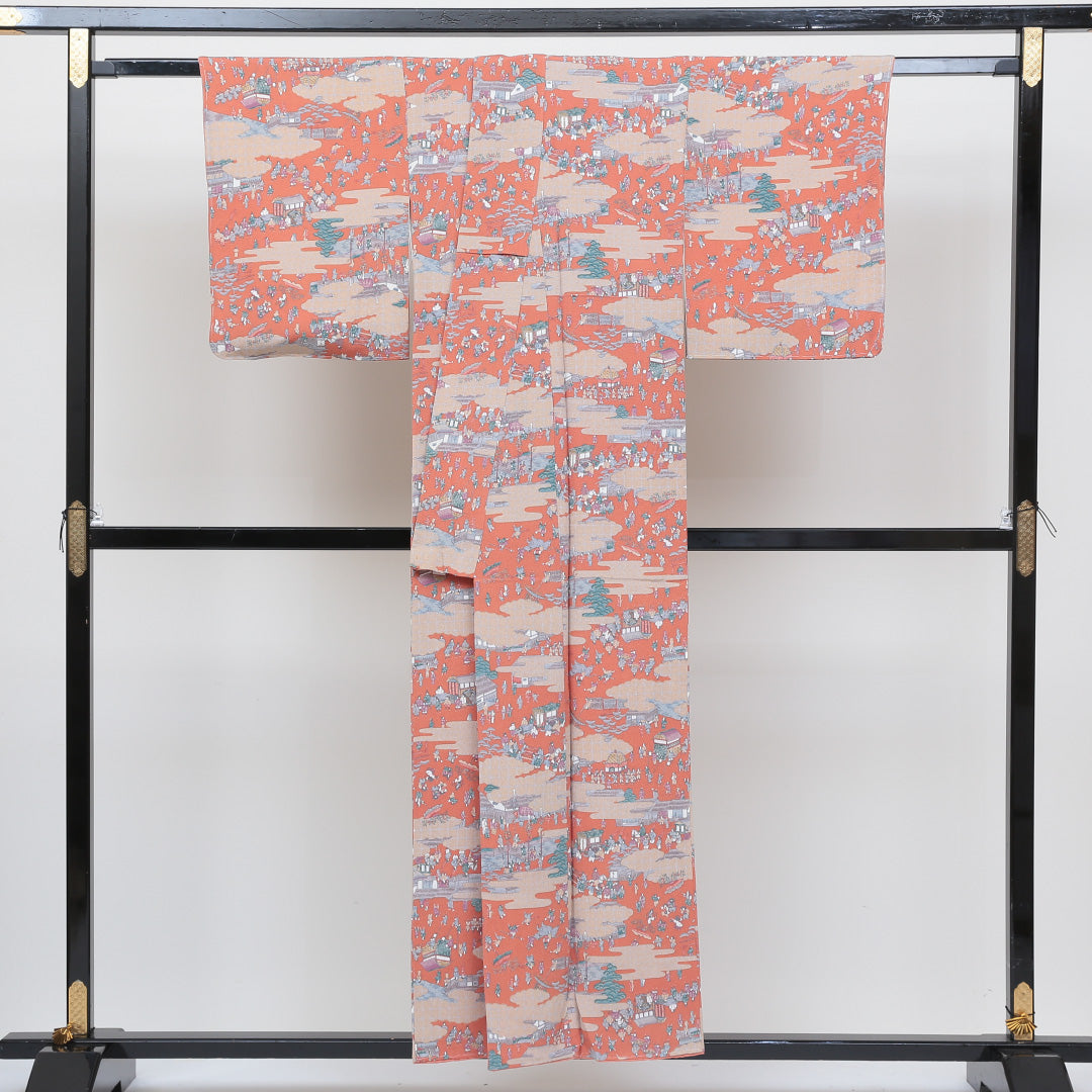 小紋 袷 身丈152cm 裄62.5cm 朱系 鬼縮緬 平安文 正絹 Aランク 1215321600557