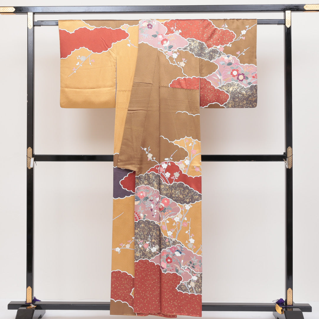 訪問着 袷 身丈155cm 裄丈65cm 正絹 Sランク Mサイズ 広衿 セミフォーマル 吉祥文様 金彩 金箔 銀箔 金系 1212-04033