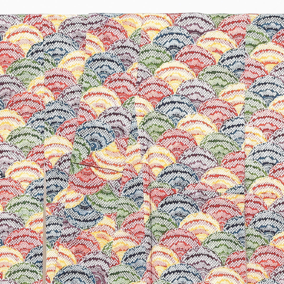 小紋 袷 身丈154cm 裄丈63cm 正絹 Sランク Sサイズ 広衿 インフォーマル ちりめん 青海波 雪輪 しつけ糸 黄系 多色系 1215-00533