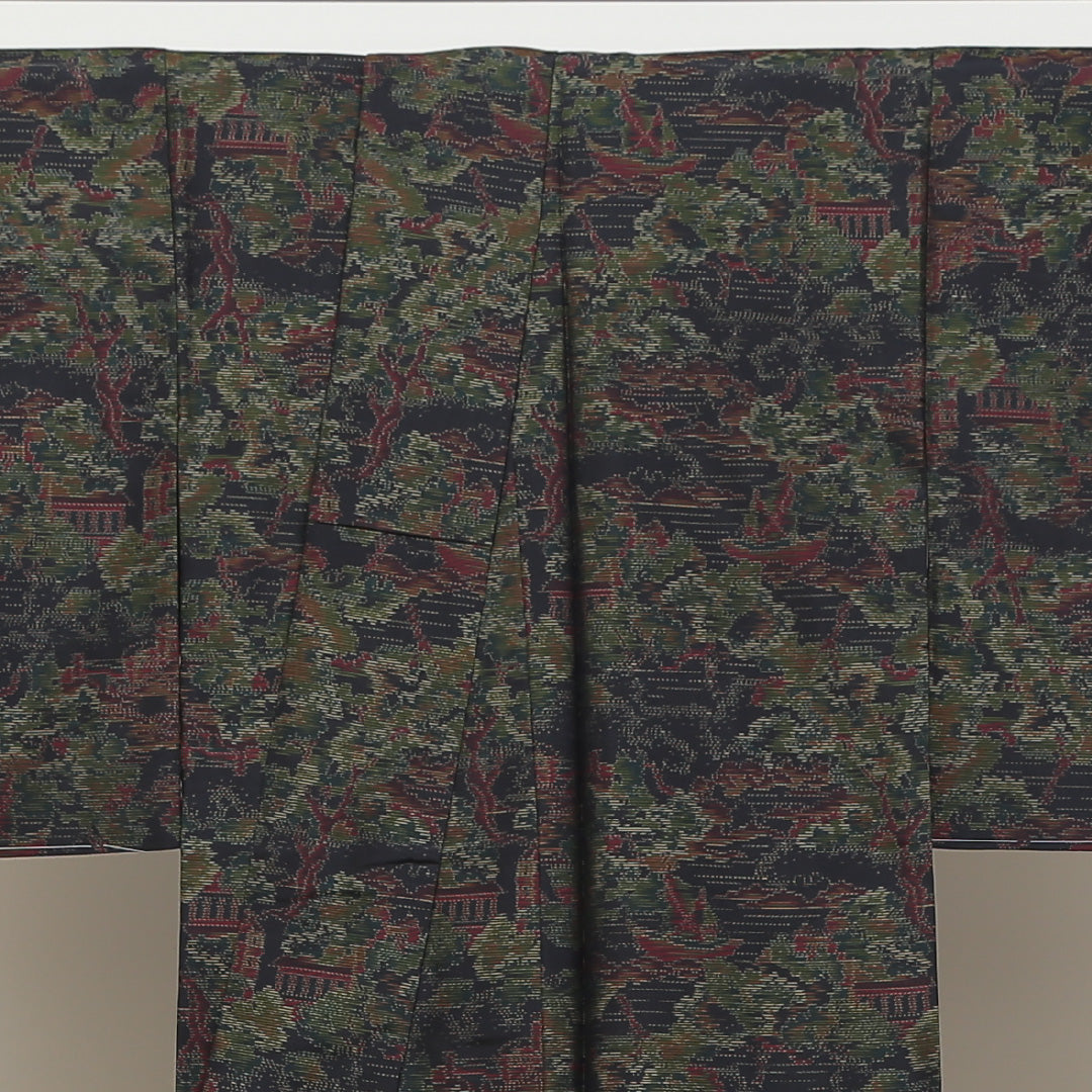 紬 袷 身丈156cm 裄丈64cm 正絹 Aランク カジュアル 広衿 Mサイズ しつけ糸 風景柄 植物柄 緑系 HP 1223-02651