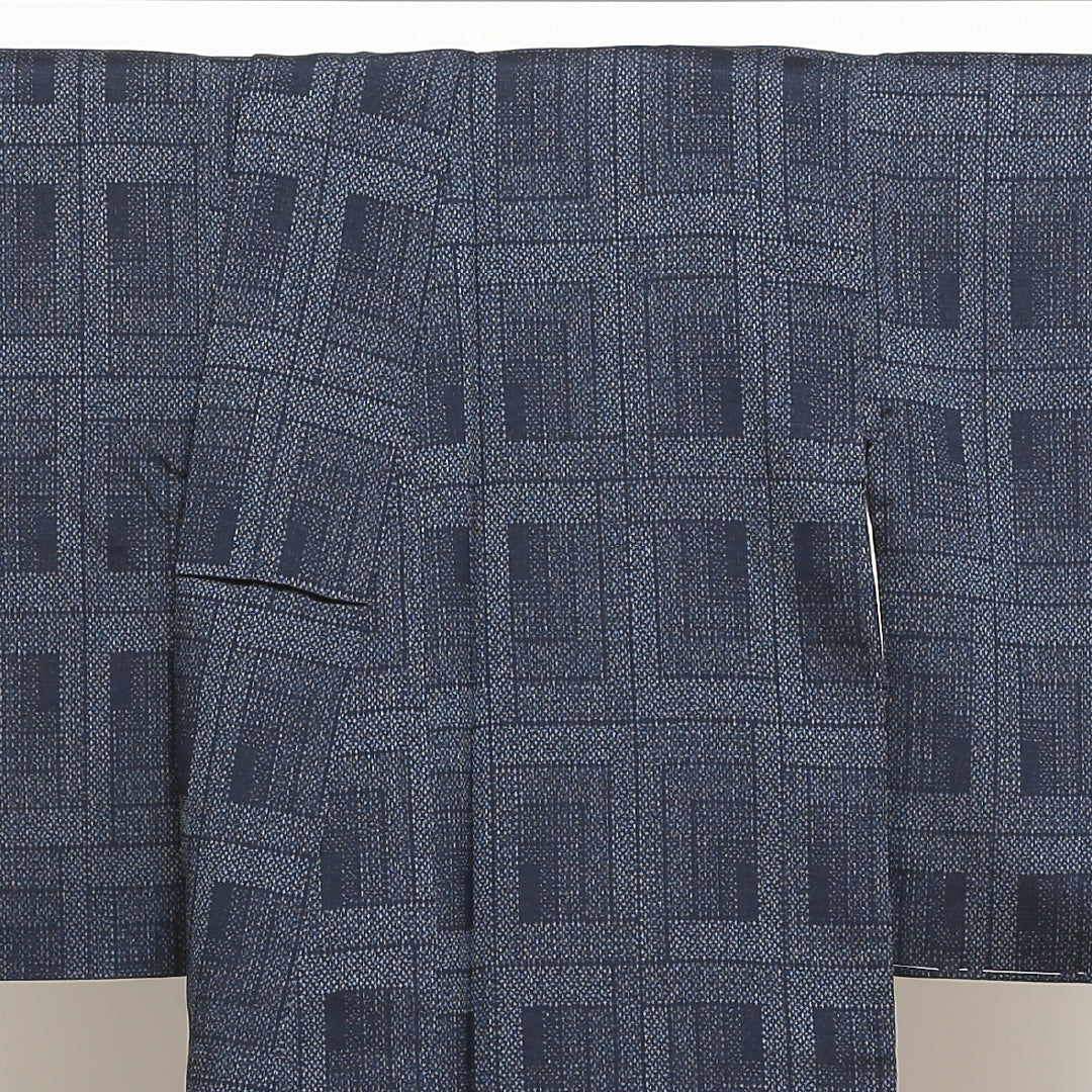 紬 袷 身丈151cm 裄丈62cm 正絹 Aランク Sサイズ 広衿 カジュアル 格子 紺系 1216-02512