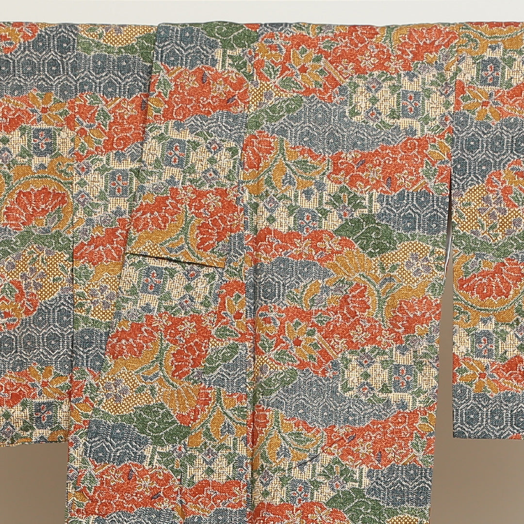 小紋 袷 身丈155cm 裄丈64cm 正絹 Sランク Mサイズ 広衿 インフォーマル 小紋 吉祥文様 花柄 植物柄 朱系 1215-02686