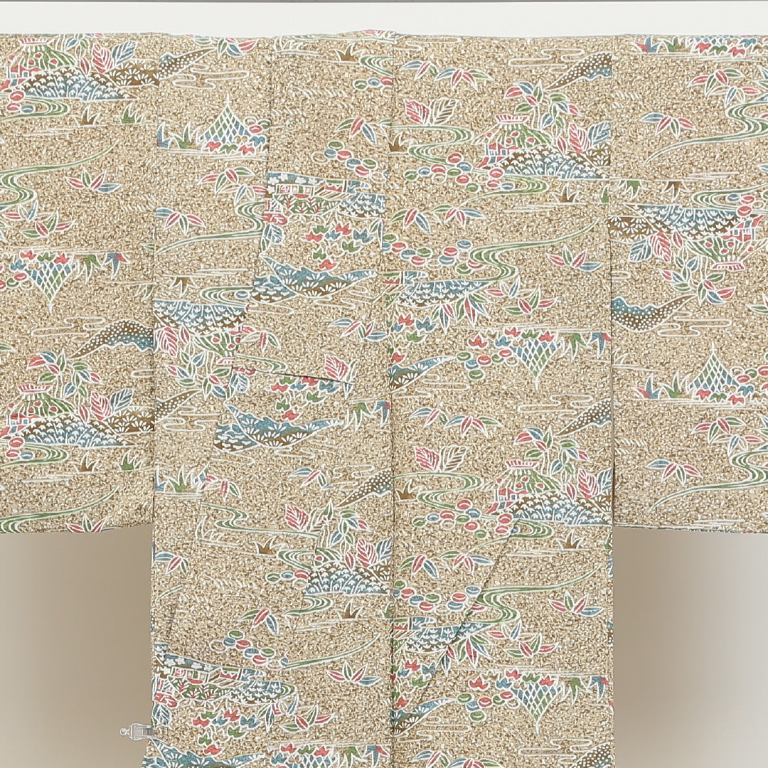 小紋 袷 身丈145cm 裄62.5cm クリーム系 流水 山 風景柄 四季草花 正絹 Aランク 通年柄 1215009023115