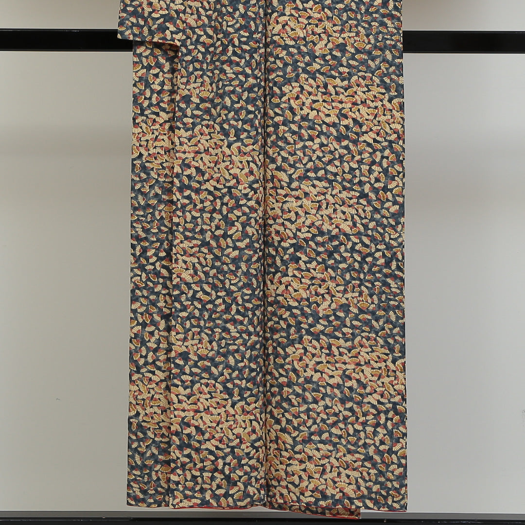 小紋 袷 身丈148cm 裄丈65cm 正絹 Sランク インフォーマル 広衿 XSサイズ 扇 紺系 RP 1221-00781