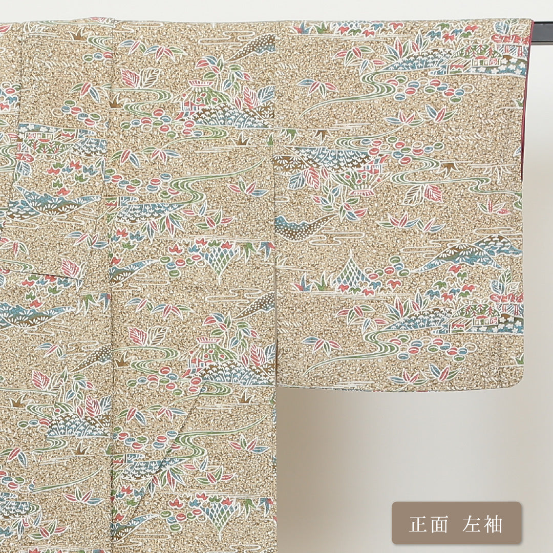 小紋 袷 身丈145cm 裄62.5cm クリーム系 流水 山 風景柄 四季草花 正絹 Aランク 通年柄 1215009023115
