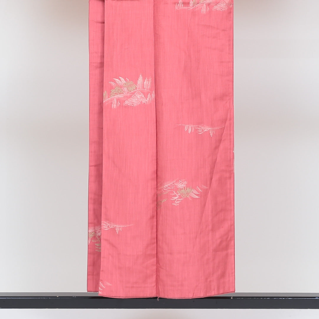 紬 袷 身丈150cm 裄丈62cm 正絹 Aランク カジュアル バチ衿 Sサイズ 小紋 しつけ糸 創作柄 ピンク系 RP 1223-02616