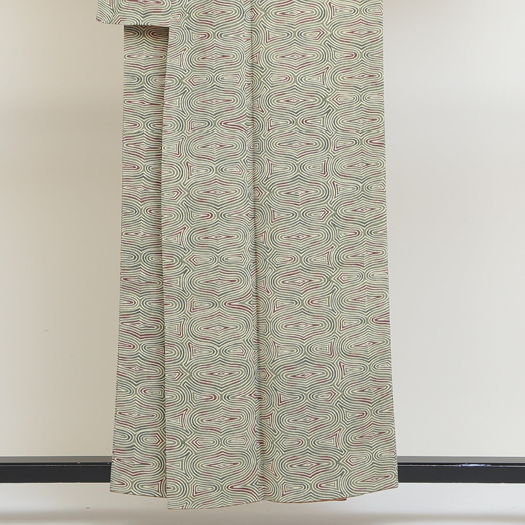 小紋 袷 身丈154cm 裄丈65cm 正絹 Sランク インフォーマル 広衿 Sサイズ 幾何学柄 緑系 SR 1221-00724