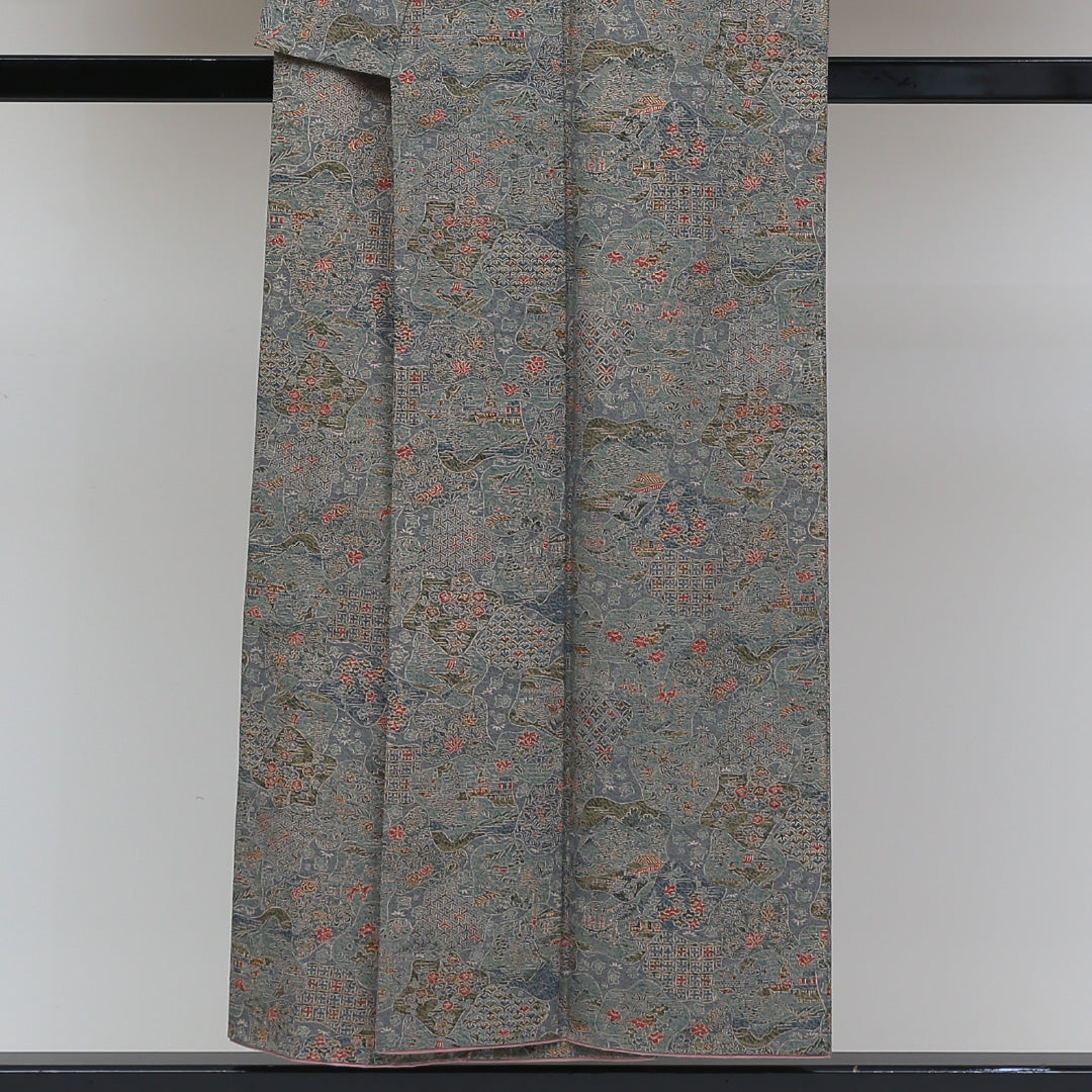 小紋 袷 身丈148cm 裄丈62cm 正絹 Sランク インフォーマル 広衿 XSサイズ 茶屋辻 花柄 緑系 RP 1221-00549