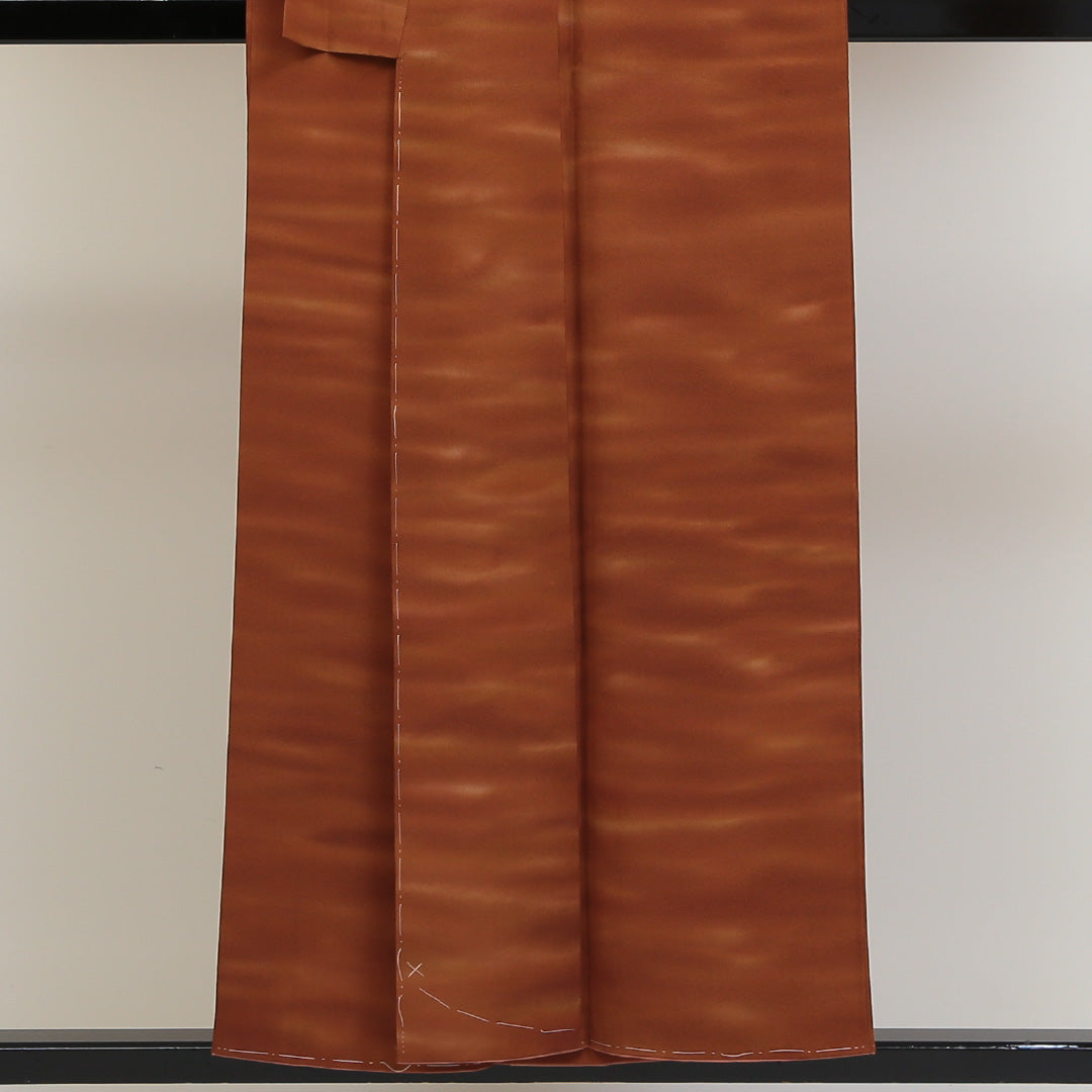 色無地 袷 身丈153cm 裄丈62cm 正絹 Sランク 一つ紋 (桔梗) セミフォーマル 広衿 Sサイズ ぼかし染 しつけ糸 茶系 M4 1219-04955