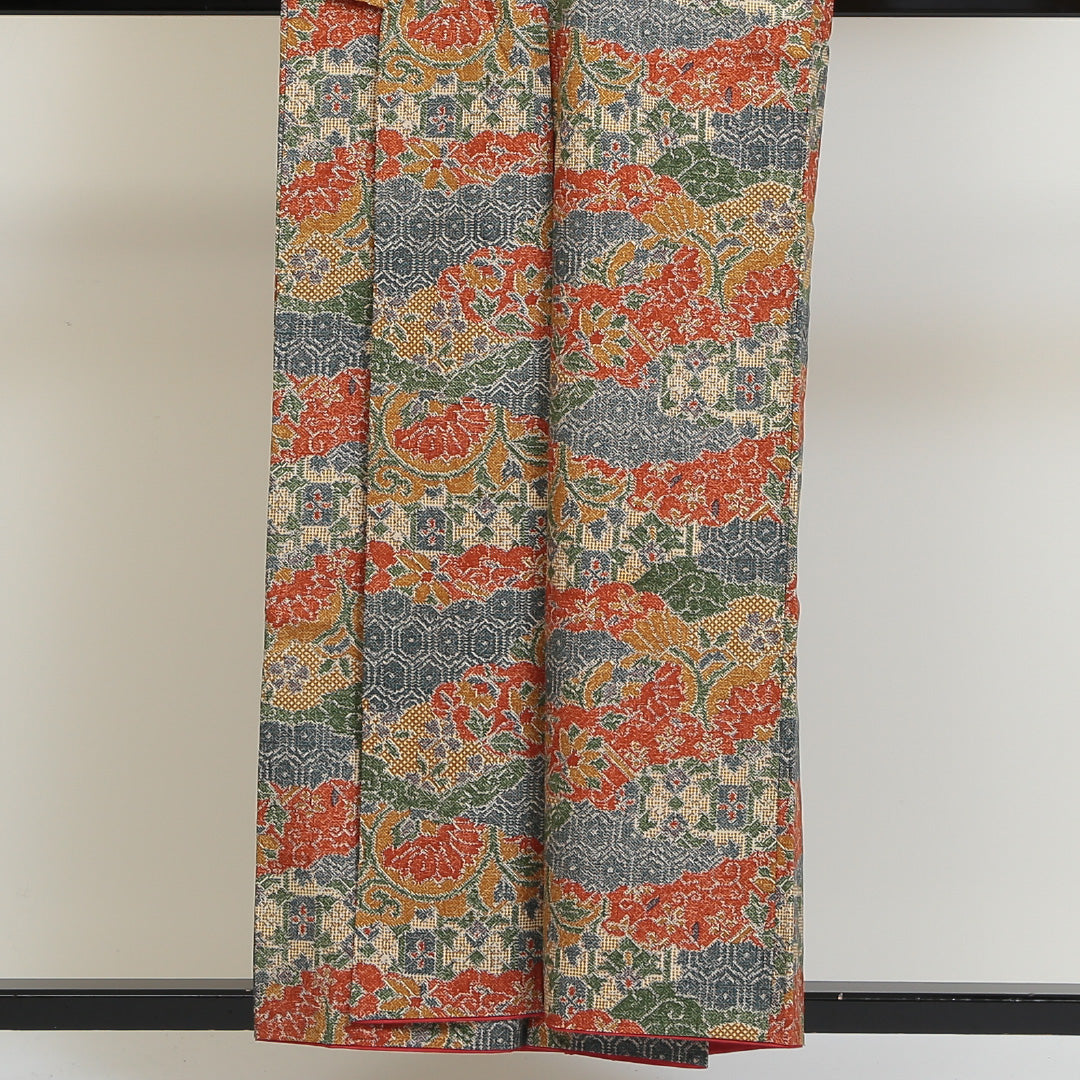 小紋 袷 身丈155cm 裄丈64cm 正絹 Sランク Mサイズ 広衿 インフォーマル 小紋 吉祥文様 花柄 植物柄 朱系 1215-02686