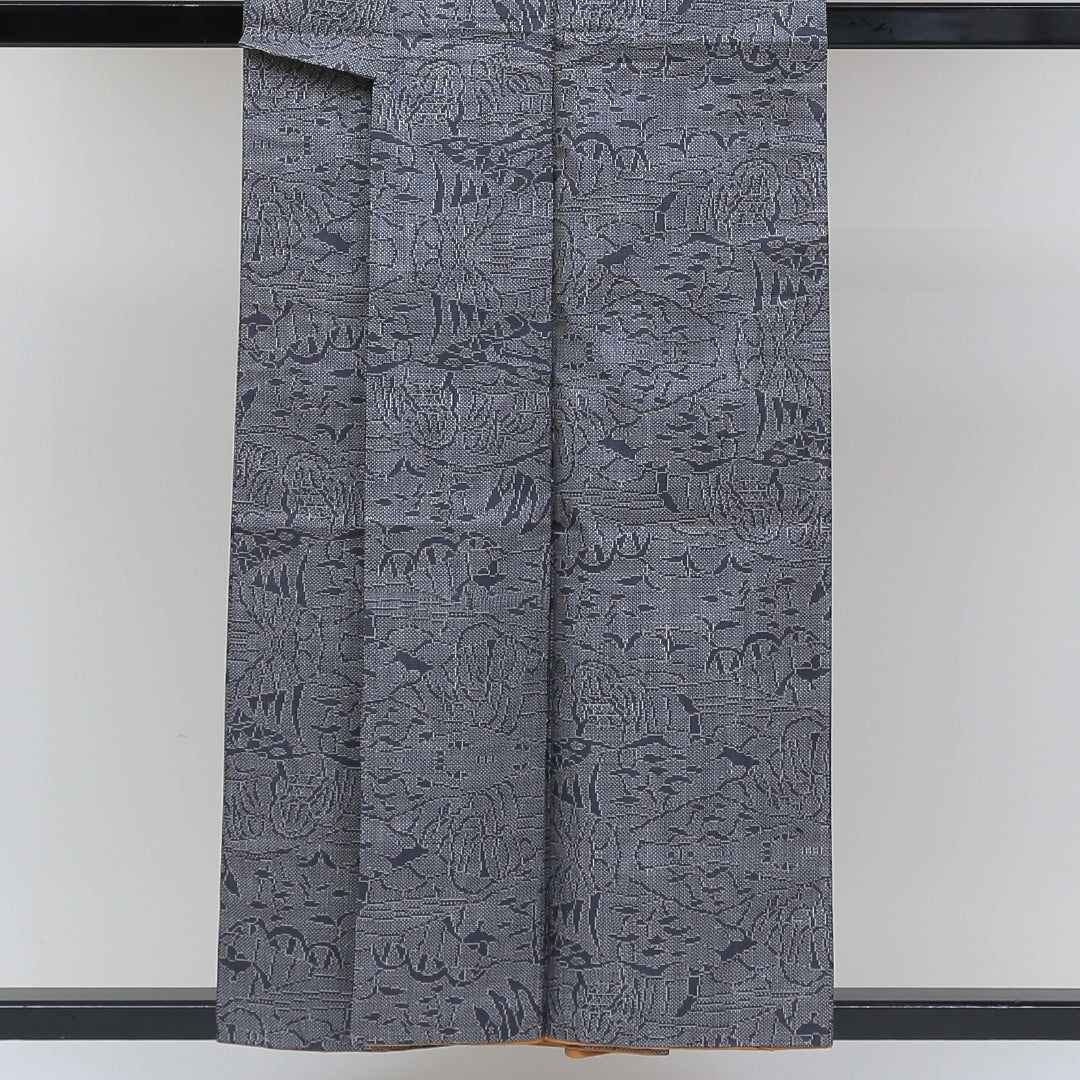 村山大島紬 袷 身丈154cm 裄丈62cm 正絹 Aランク インフォーマル 広衿 Sサイズ 植物柄 紺系 RP 1223-02620