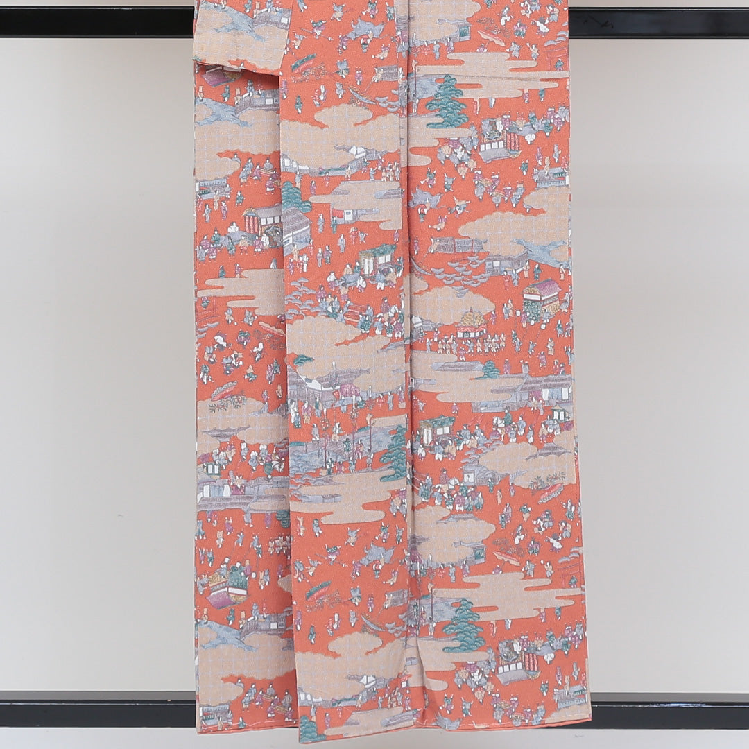 小紋 袷 身丈152cm 裄62.5cm 朱系 鬼縮緬 平安文 正絹 Aランク 1215321600557
