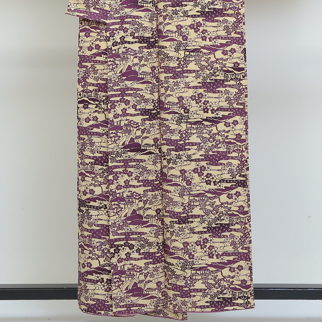 小紋 袷 身丈154cm 裄丈66cm 正絹 Sランク インフォーマル 広衿 Sサイズ 楼閣 紫系 RP 1221-00835