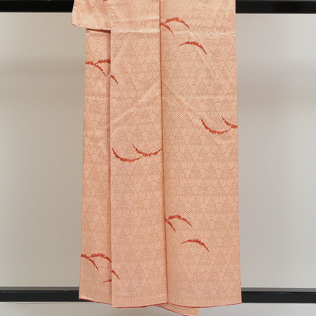 小紋 袷 身丈154cm 裄丈63cm 正絹 Aランク インフォーマル 広衿 Sサイズ 芝草 鹿の子柄 朱系 HP 1221-00785