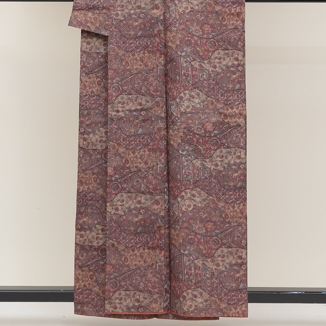 小紋 袷 身丈157cm 裄64.5cm 茶系 モダン 正絹 Sランク 1215006352314
