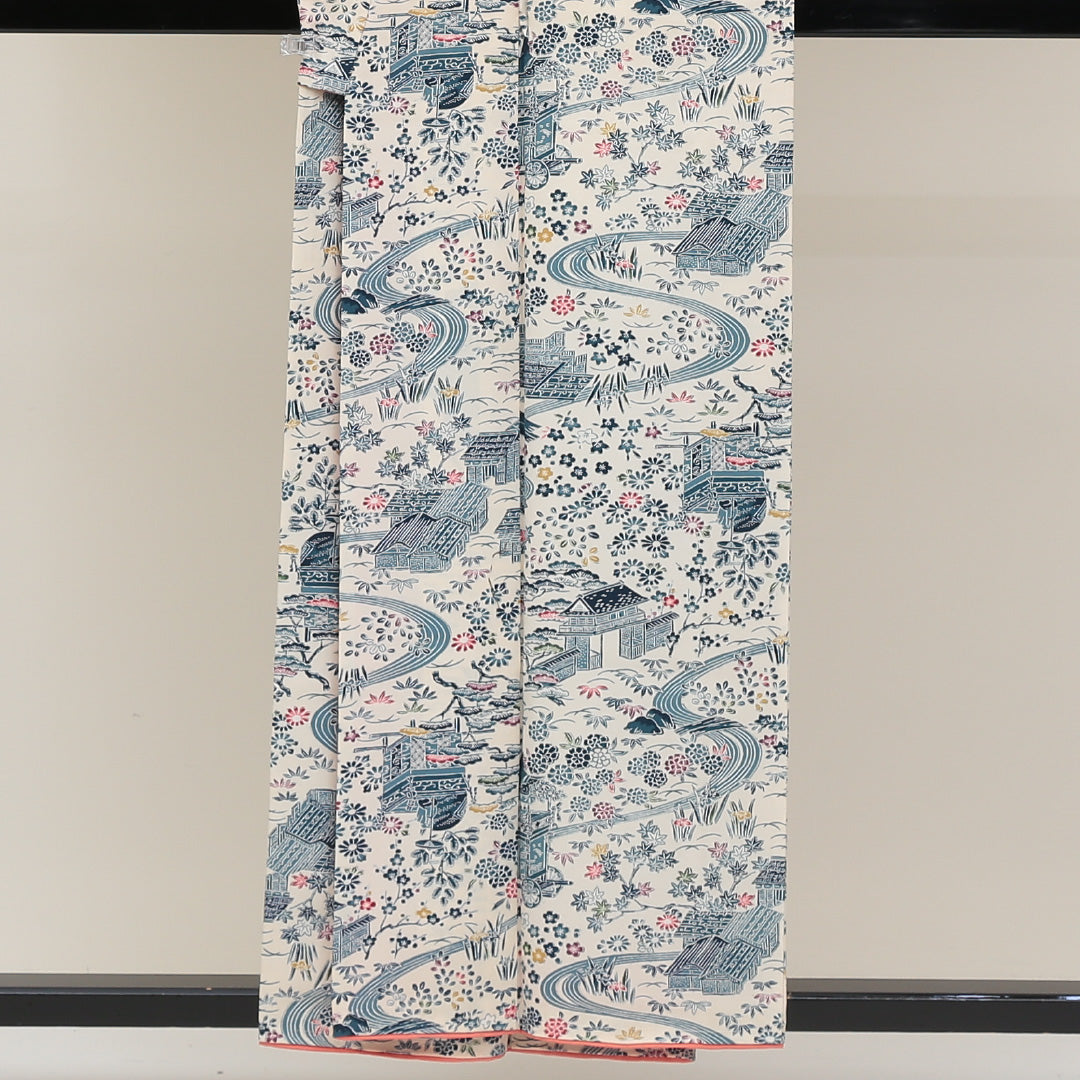 小紋 袷 身丈155cm 裄丈64cm 正絹 Sランク Mサイズ 広衿 インフォーマル 京洛百景 茶屋辻 白系 1215-00614