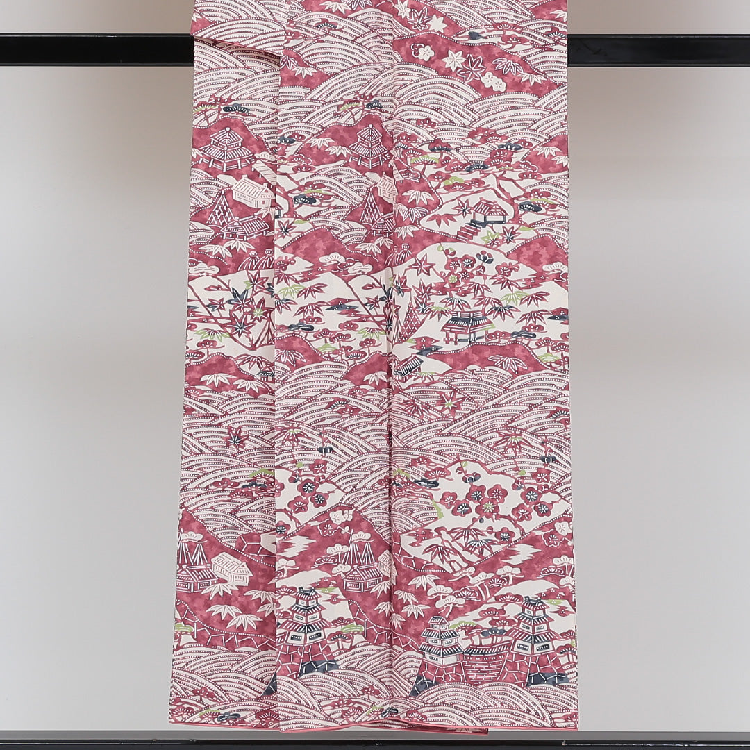 小紋 袷 身丈150cm 裄丈64cm 正絹 Sランク インフォーマル 広衿 Sサイズ 茶屋辻 ピンク系 RP 1221-00534