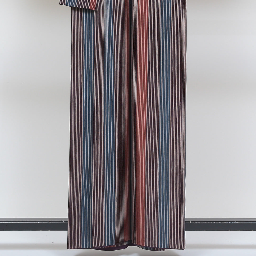小紋 袷 身丈156cm 裄丈64cm Sランク インフォーマル 広衿 Mサイズ 縞 茶系 RP 1221-00522