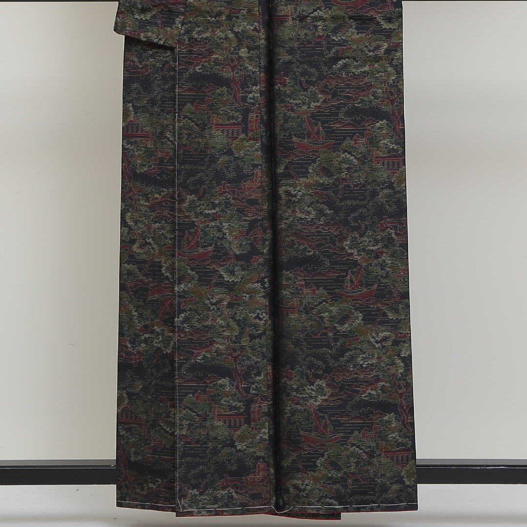 紬 袷 身丈156cm 裄丈64cm 正絹 Aランク カジュアル 広衿 Mサイズ しつけ糸 風景柄 植物柄 緑系 HP 1223-02651