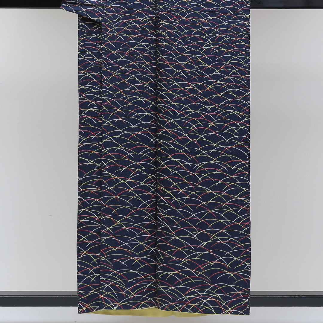 小紋 袷 身丈152cm 裄丈65cm 正絹 Aランク インフォーマル 広衿 Sサイズ 芝草 紺系 RP 1221-00541