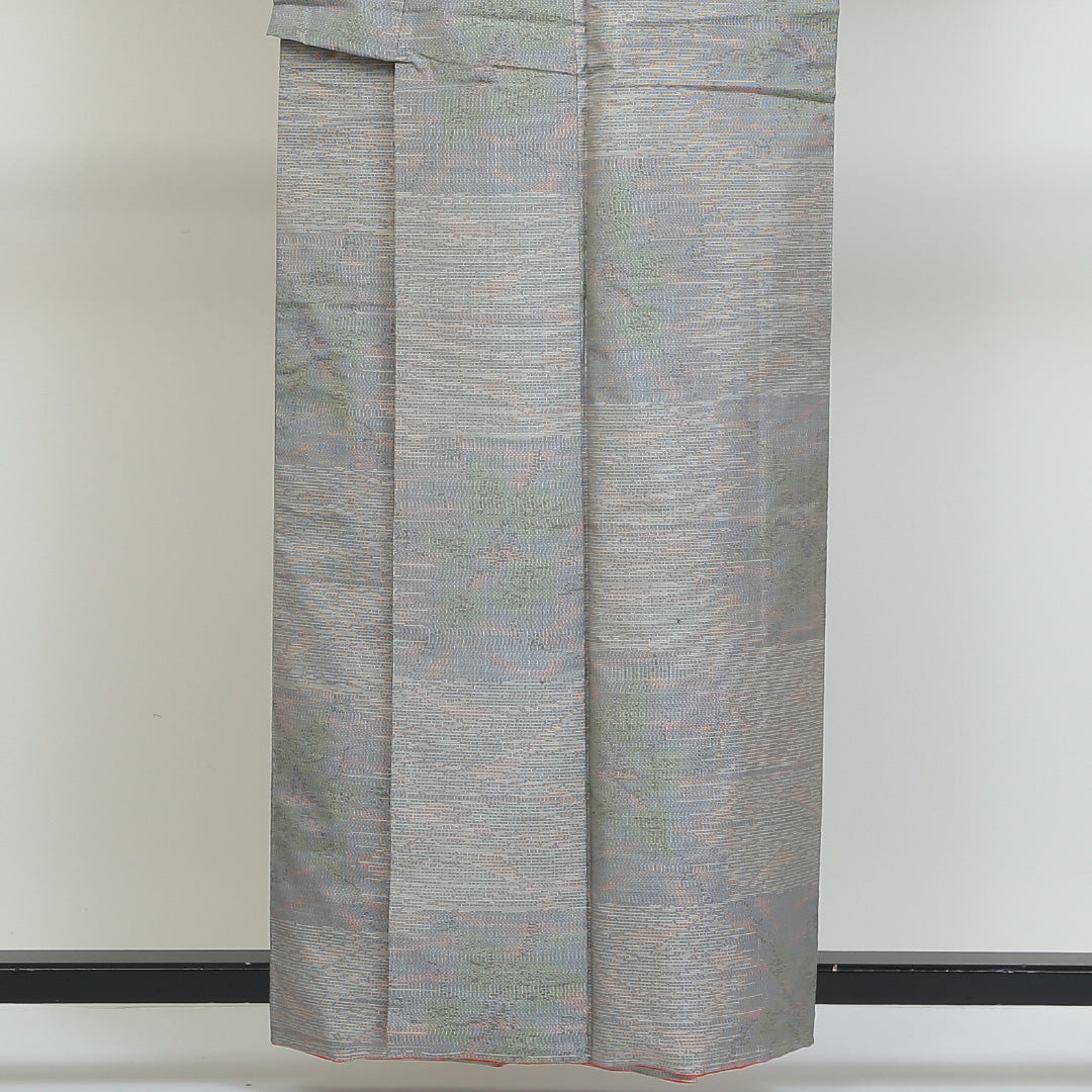 大島紬 袷 身丈159cm 裄丈65cm 正絹 Aランク インフォーマル 広衿 Mサイズ 市松 花柄 グレー系 RP 1223-02714
