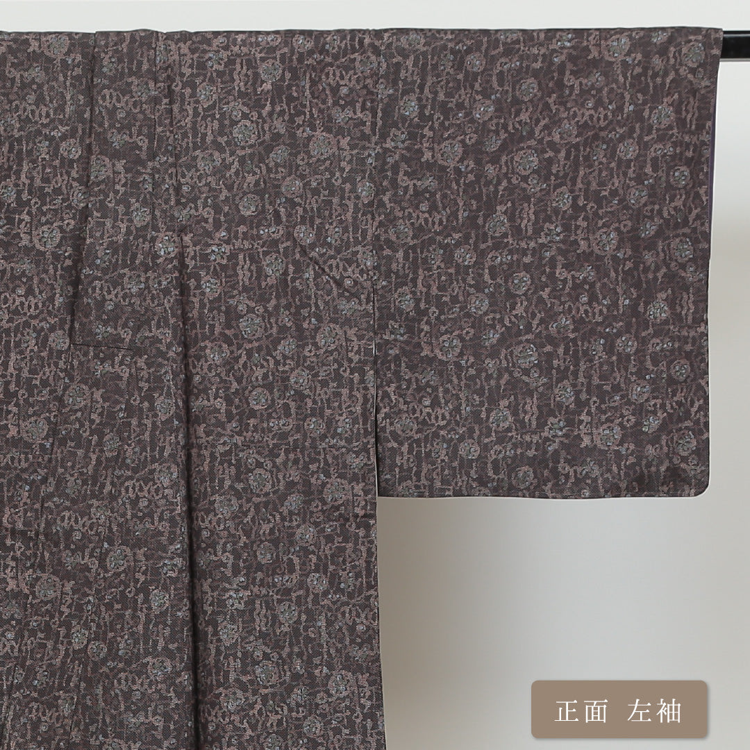 小紋 袷 身丈145cm 裄丈62cm 正絹 Sランク インフォーマル バチ衿 XSサイズ 唐草華文 茶系 RP 1221-00900