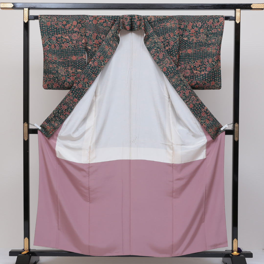 小紋 袷 身丈156cm 裄丈64cm 正絹 Sランク インフォーマル 広衿 Mサイズ 更紗 しつけ糸 花柄 緑系 RP 1221-00173