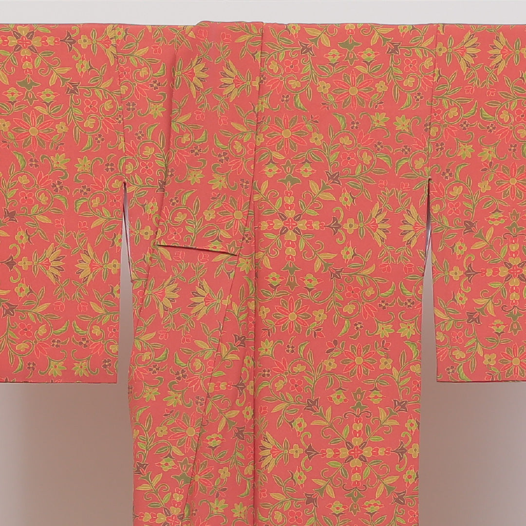 小紋 袷 身丈153cm 裄丈65cm 正絹 Sランク インフォーマル 広衿 Sサイズ 唐草 赤系 RP 1221-00246