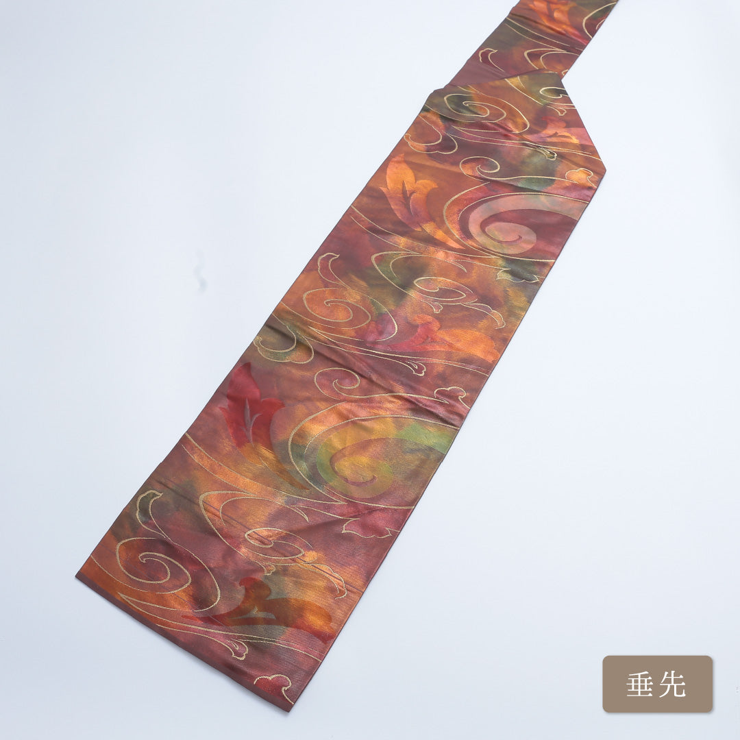 九寸名古屋帯 Sランク 帯丈346cm 正絹 六通 名古屋仕立て 織り インフォーマル 流水 茶系 RP 1245-00225
