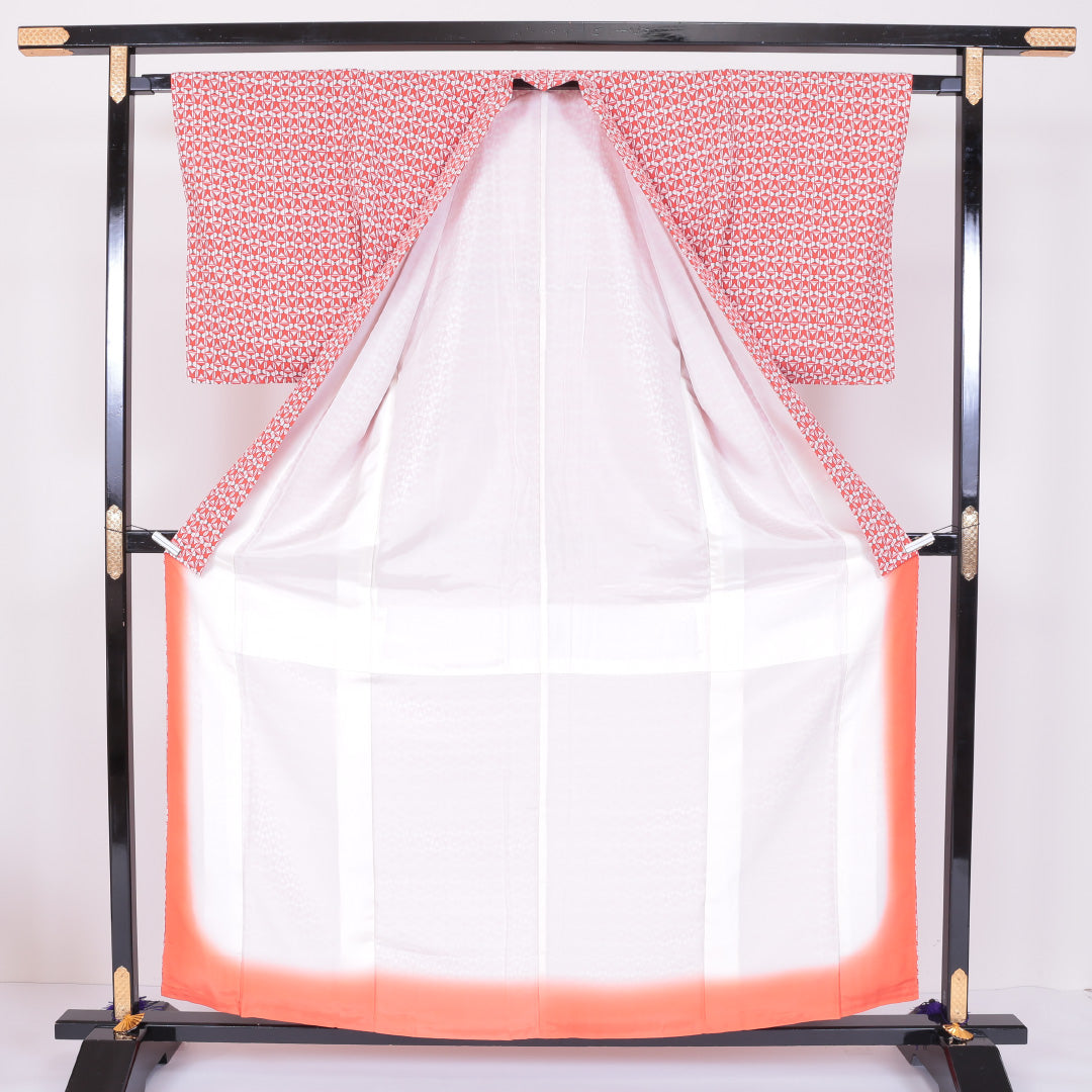 小紋 袷 身丈157cm 裄64cm ポリエステル 洗える着物 レトロ 赤系 Sランク 1215-00082