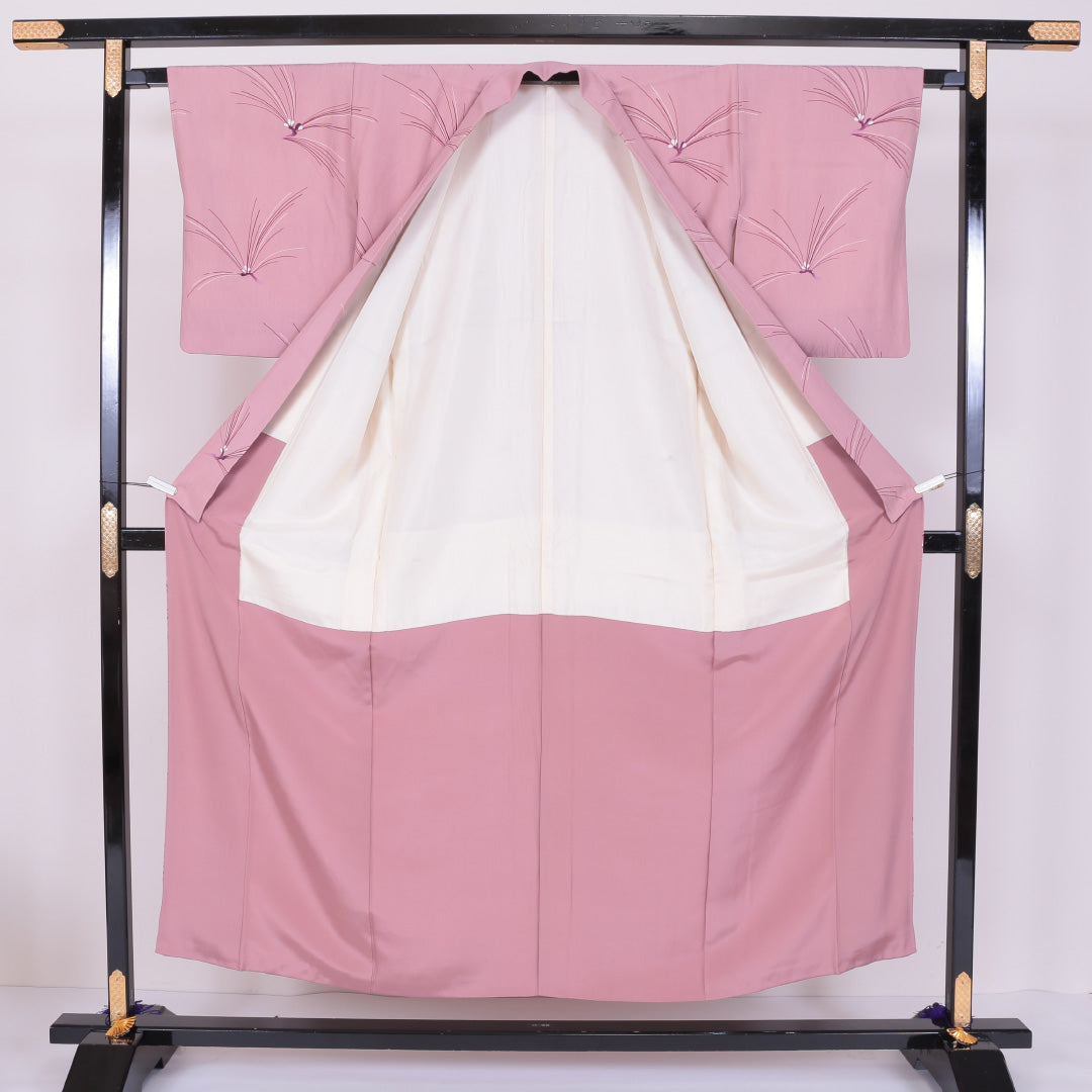 小紋 袷 身丈150cm 裄丈63cm 正絹 Sランク インフォーマル バチ衿 Sサイズ 植物柄 ピンク系 RP 1221-00081