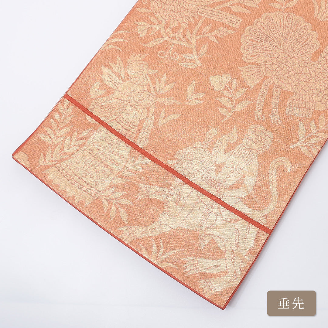 袋帯 帯丈424cm 六通 金襴 花喰鳥 オリエンタル セミフォーマル 朱系 正絹 Sランク 1223-00208