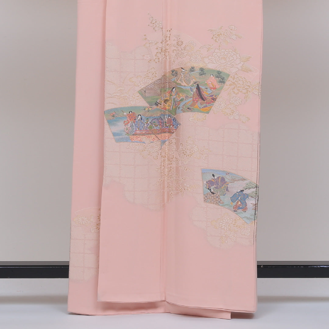 色留袖 三つ紋 下がり藤 身丈160cm 裄丈66cm Sランク 正絹 袷 比翼 広衿 L 平安絵巻 セミフォーマル ピンク系 1211-F0113