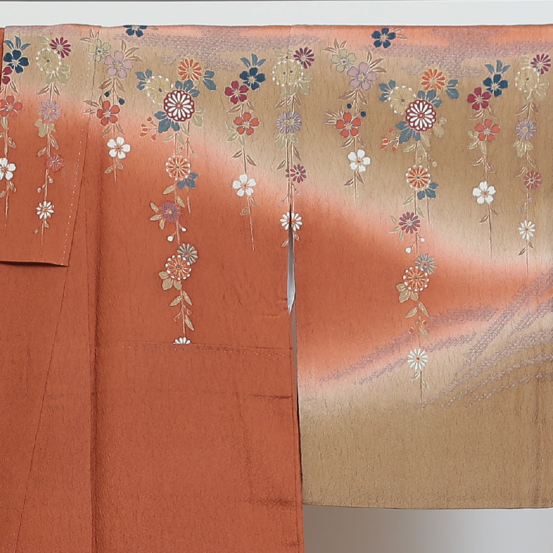 訪問着 袷 身丈158cm 裄66.5cm 正絹 茶系 Sランク 四季草花 遠山 通年柄 1212231400196