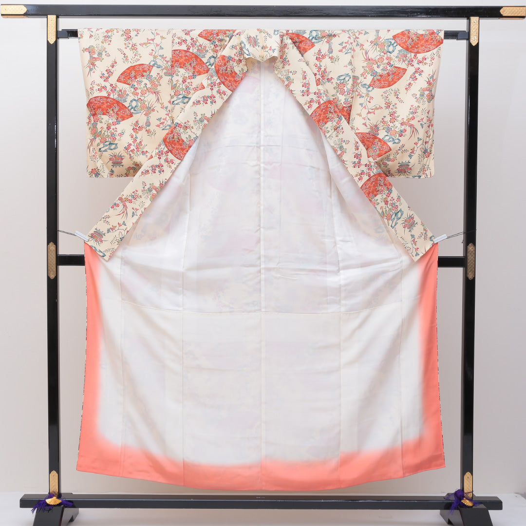 洗える着物 小紋 袷 身丈153cm 裄丈63cm ポリエステル Sランク インフォーマル 広衿 Sサイズ 雉 扇 花柄 クリーム系 RP 1221-00160