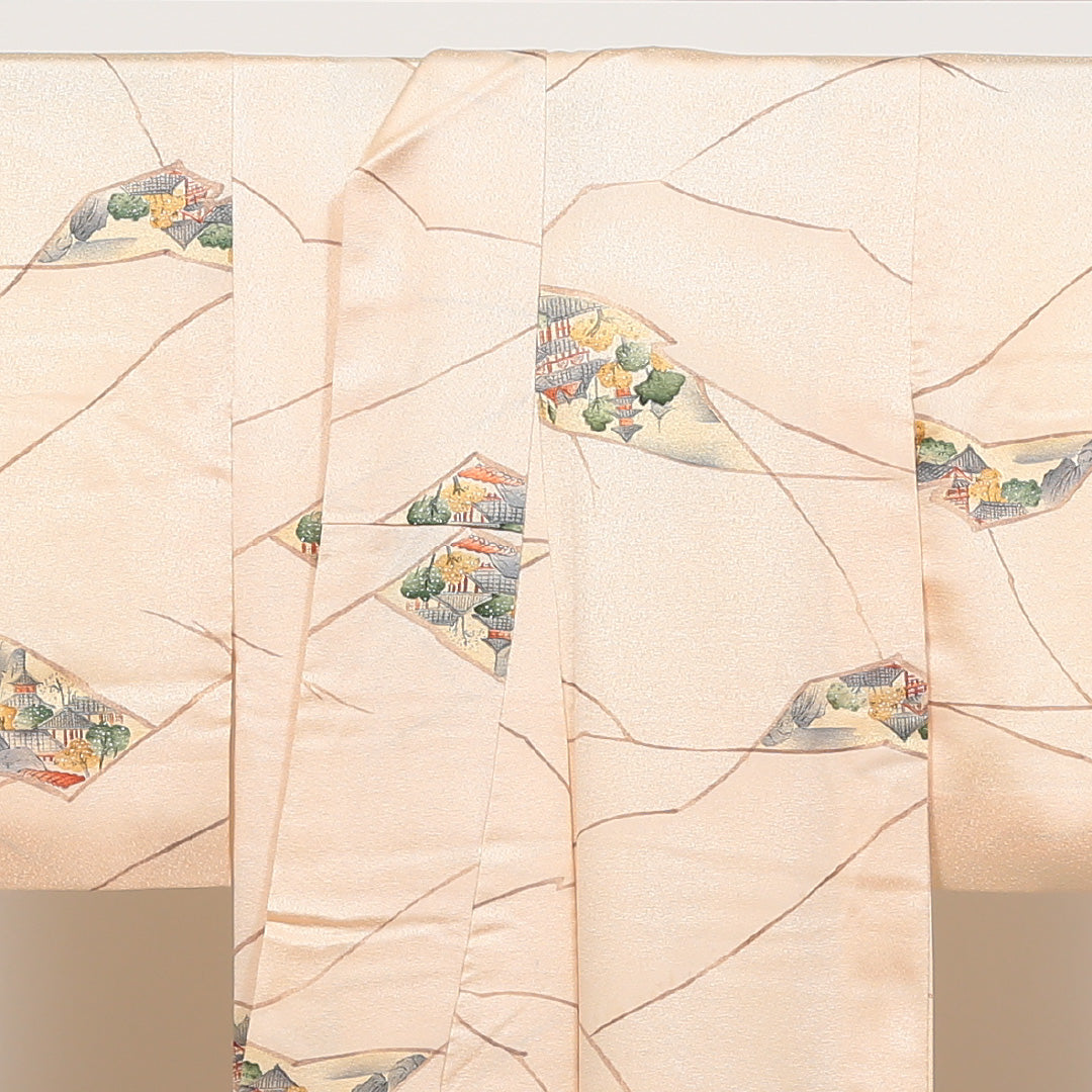 小紋 袷 身丈152cm 裄丈~62cm クリーム系 正絹 優品 建物 1215321500403