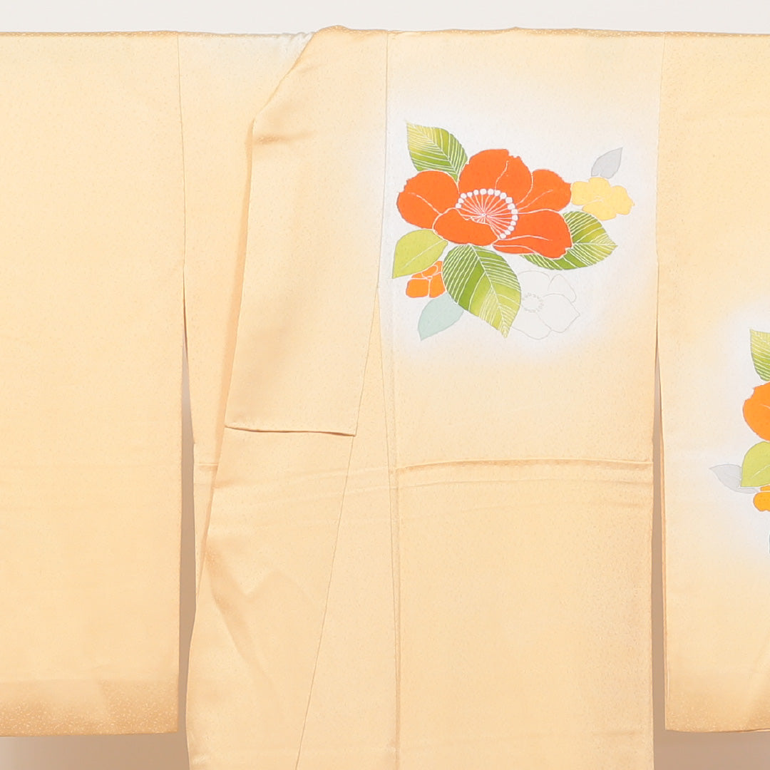 訪問着 袷 身丈159cm 裄丈35cm 正絹 Sランク Mサイズ 広衿 セミフォーマル 牡丹 クリーム系 朱系 1212-04101